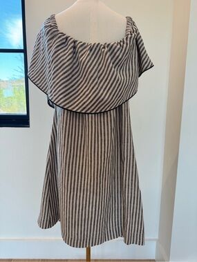 Trina Turk Black and Cream Striped Linen “Out of Office” Dress Resort Wear Flowy